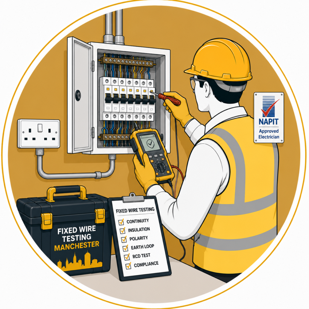 "Fixed Wire Testing Manchester by a professional electrician using a digital multifunction tester to inspect an open commercial consumer unit, with neatly organised wiring, inspection checklist, toolbox, electrical outlet, and safety equipment."