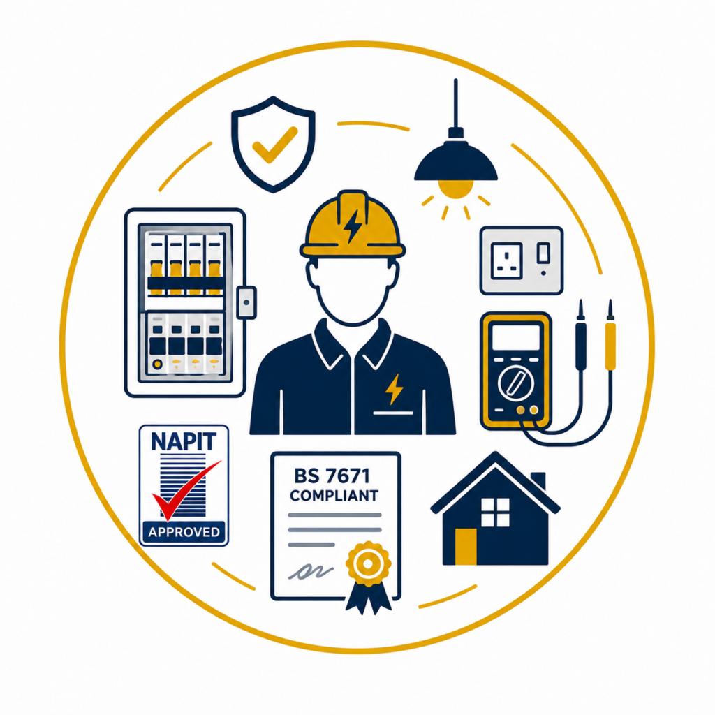 Premium minimalist vector illustration of a NAPIT Approved Electrical Contractor in Manchester, featuring a professional electrician, consumer unit, safety shield, multimeter, BS 7671 compliance certificate, lighting fixture, home icon, and NAPIT approval badge in a modern navy blue and gold circular design on a white background.