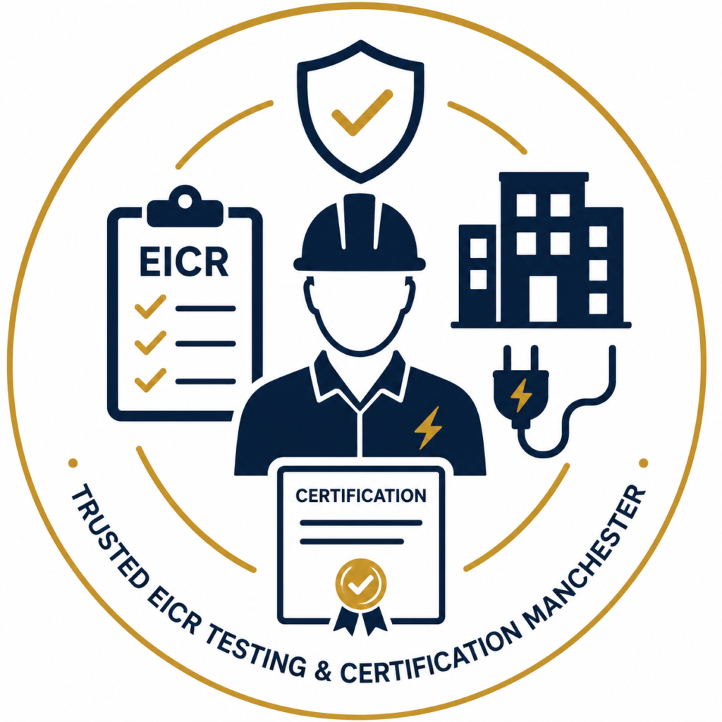 EICR Testing & Certification Manchester icon featuring a professional electrician, EICR inspection checklist, certified approval shield, commercial building, electrical plug, and certification document in a clean, minimalist navy blue and gold vector style, enclosed within a modern circular outline on a white background.