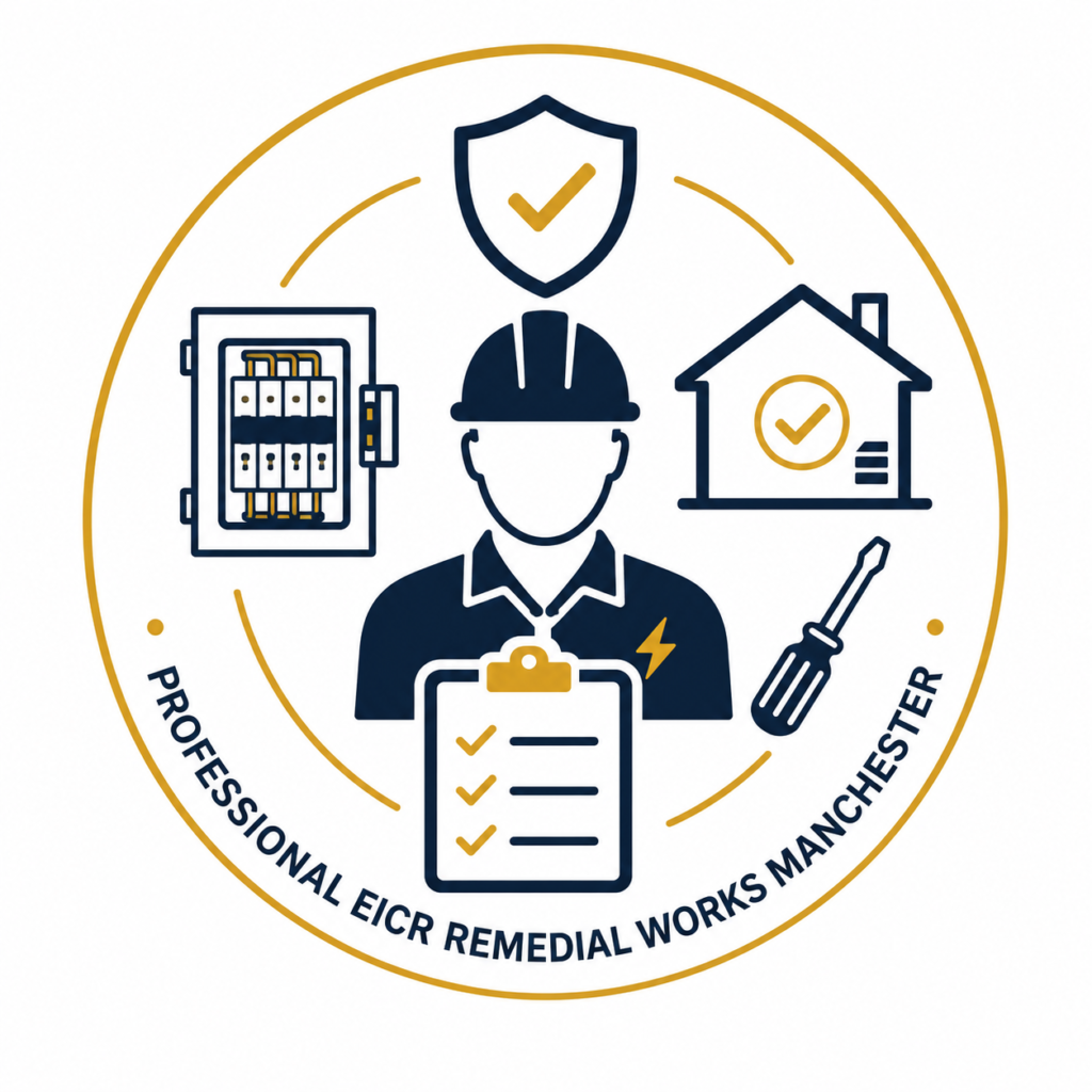 Flat vector badge illustration representing professional EICR remedial works in Manchester, featuring a qualified electrician surrounded by electrical safety, consumer unit, approved property, and inspection checklist icons within a circular gold and navy design.