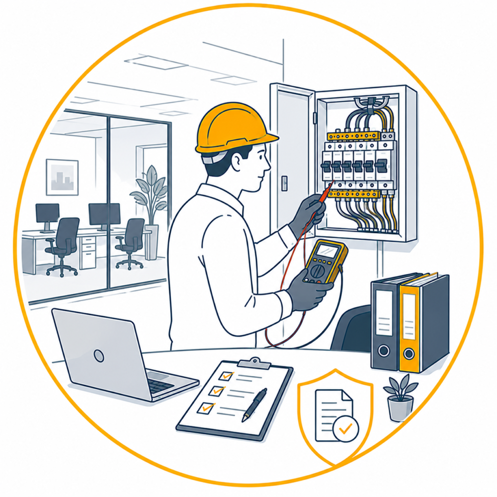 Minimalist vector illustration of a qualified electrician carrying out a Professional Office EICR in Manchester, testing a commercial consumer unit with a digital multimeter in a modern office environment, displayed in a circular gold-bordered design with a certification document icon and no text.