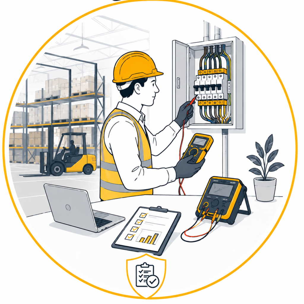 Minimalist vector illustration of a qualified electrician carrying out a Professional Warehouse EICR in Manchester by testing a warehouse consumer unit with a digital multifunction tester, displayed in a circular gold-bordered design with warehouse shelving, an EICR report, and a certification shield icon with no text.