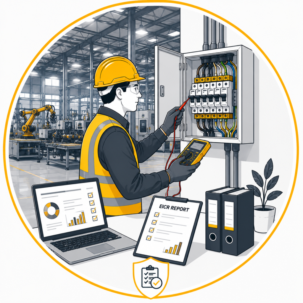 Minimalist vector illustration of a qualified electrician carrying out a Professional Factory EICR in Manchester by testing a factory consumer unit with a digital multifunction tester, displayed in a circular gold-bordered design with industrial machinery, an EICR report, and a certification shield icon with no text.