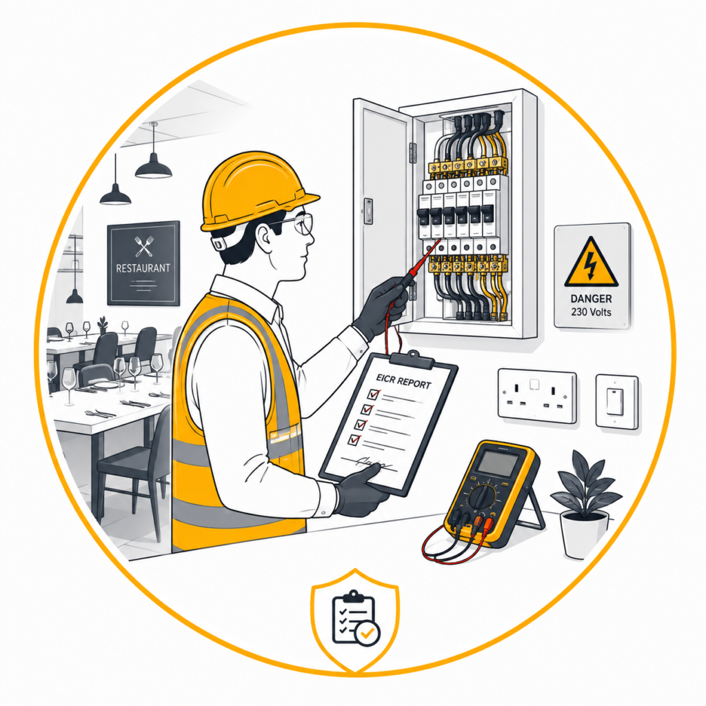 Minimalist vector illustration of a qualified electrician carrying out a Professional Restaurant EICR in Manchester by testing a restaurant consumer unit with a digital multifunction tester, displayed in a circular gold-bordered design with a modern restaurant interior, an EICR inspection checklist, and a certification shield icon with no text.