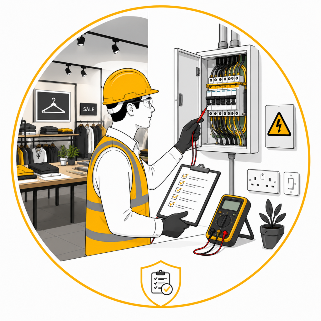 Minimalist vector illustration of a qualified electrician carrying out a Professional Retail Shop EICR in Manchester by inspecting a retail shop consumer unit with a digital multifunction tester and inspection checklist, displayed in a circular gold-bordered design with a modern retail store interior and certification shield icon with no text.