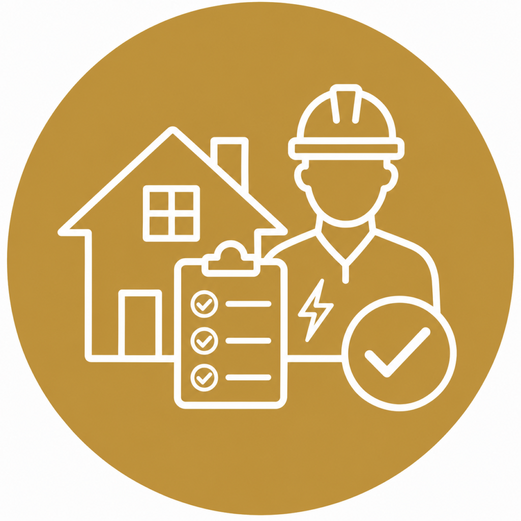 Residential EICR icon featuring a house, inspection checklist, qualified electrician, and approval checkmark representing home electrical safety inspections.