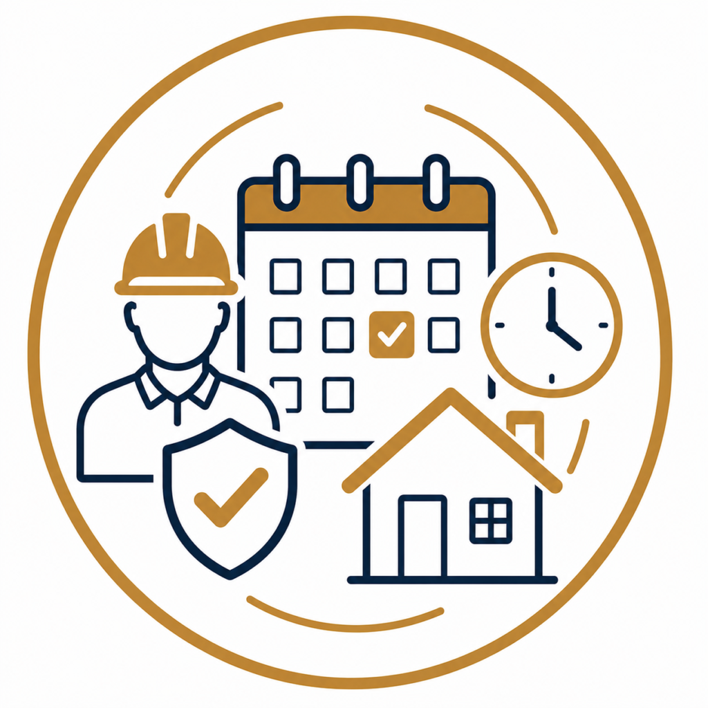 Book Your Inspection icon featuring a qualified electrician, calendar, clock, house, and security shield with checkmark representing quick and easy electrical inspection booking.