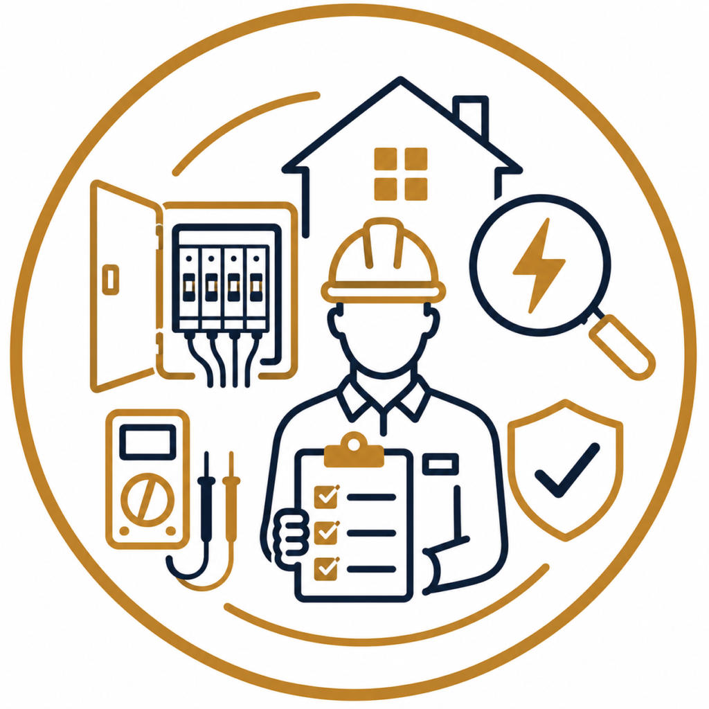 On-Site Electrical Inspection icon featuring a qualified electrician, consumer unit, inspection checklist, digital test meter, house, magnifying glass, and safety shield representing professional on-site electrical inspections.