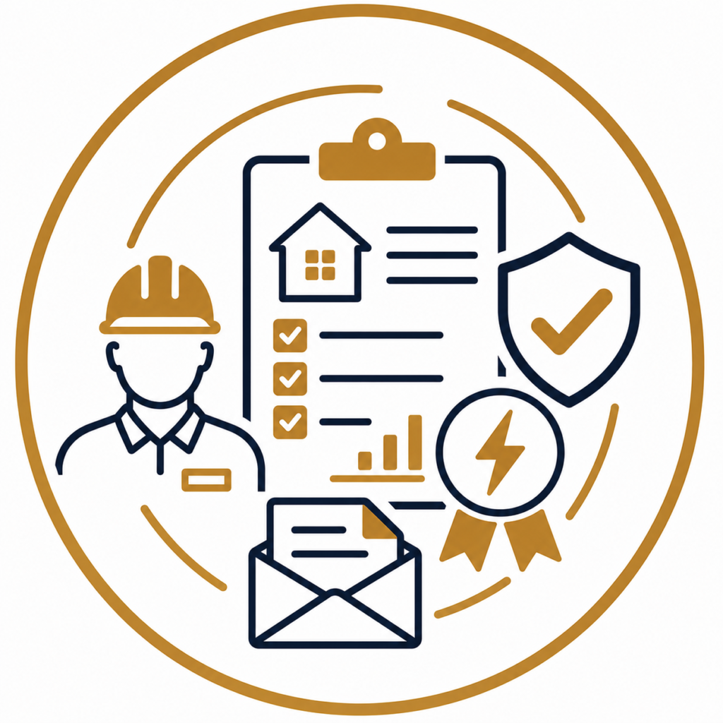 Receive Your EICR Report icon featuring a qualified electrician, EICR inspection report, email envelope, safety shield, certification badge, and compliance symbols representing the delivery of a certified electrical inspection report.