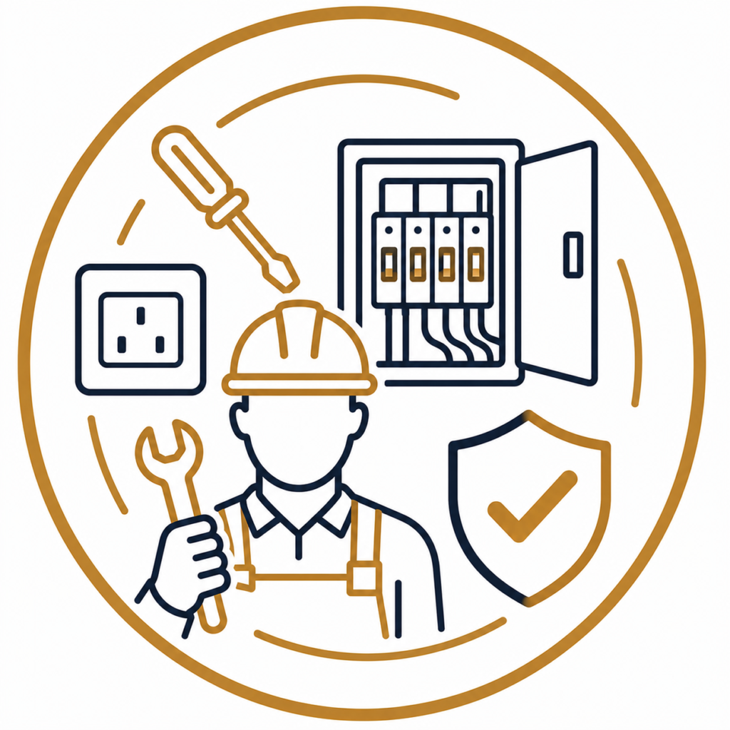 Remedial Work (If Required) icon featuring a qualified electrician, consumer unit, electrical socket, repair tools, and safety shield representing professional remedial electrical repairs following an EICR inspection.