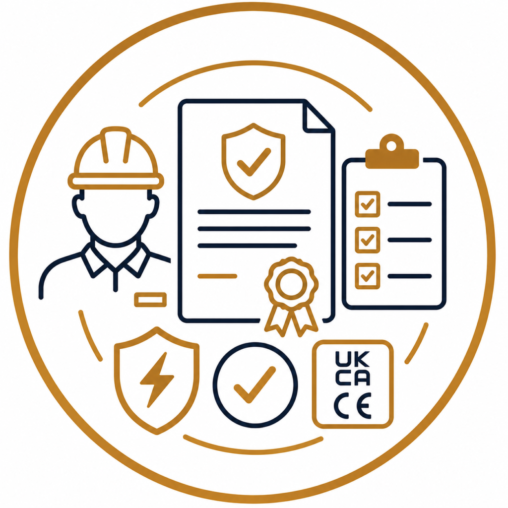 Certification & Compliance icon featuring a certified electrical report, qualified electrician, compliance checklist, safety shields, certification seal, and approval checkmark representing electrical certification and regulatory compliance.