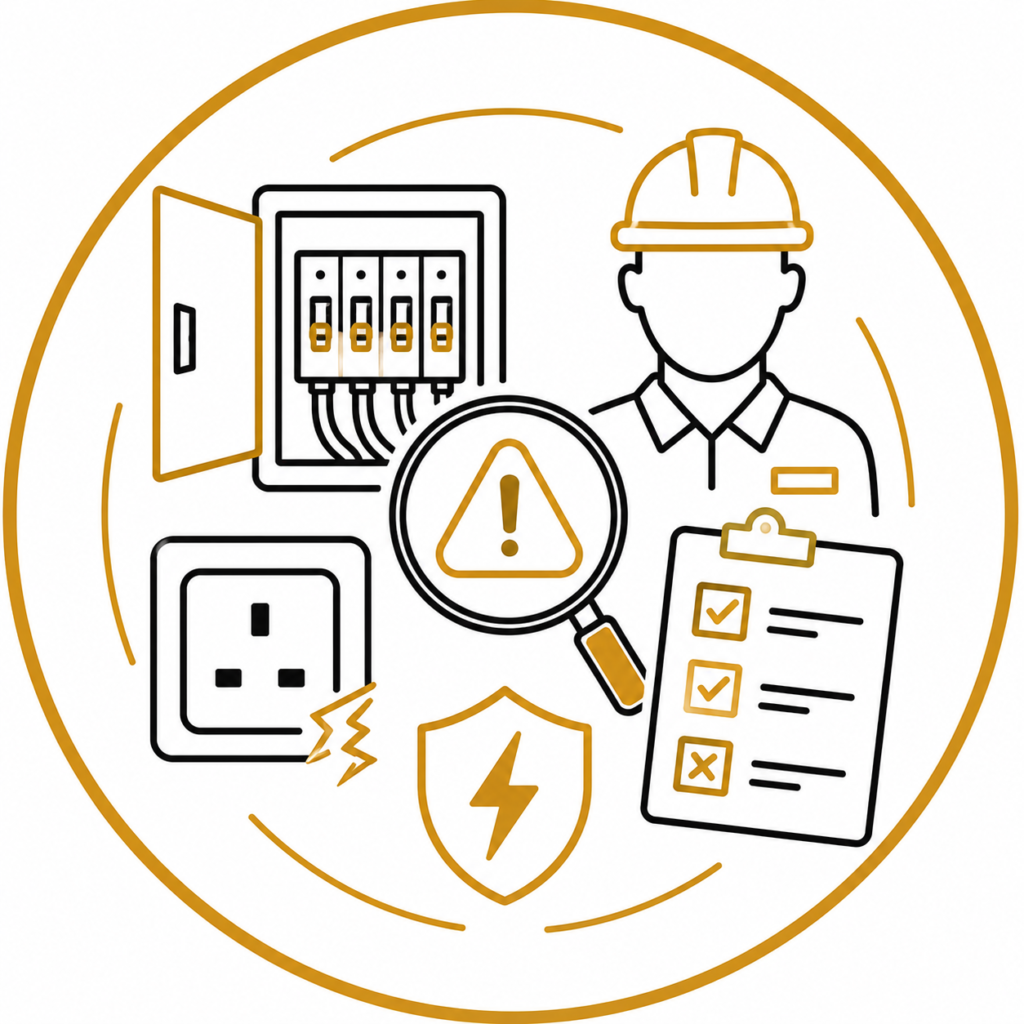 Identify Any Defects icon featuring a qualified electrician, magnifying glass, consumer unit, damaged electrical socket, inspection checklist, and safety shield representing the identification of electrical faults and defects.