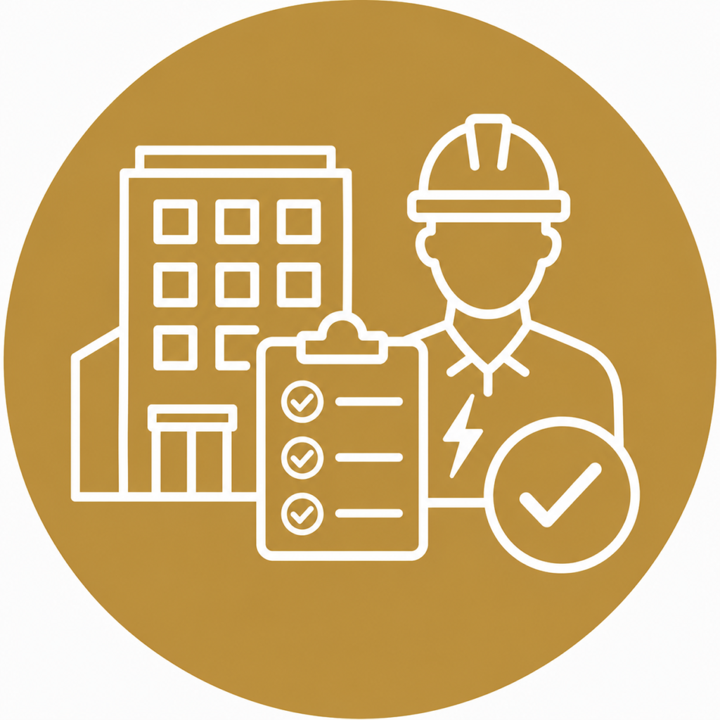 Commercial EICR icon featuring a commercial building, inspection checklist, qualified electrician, and approval checkmark representing commercial electrical inspection and testing services.