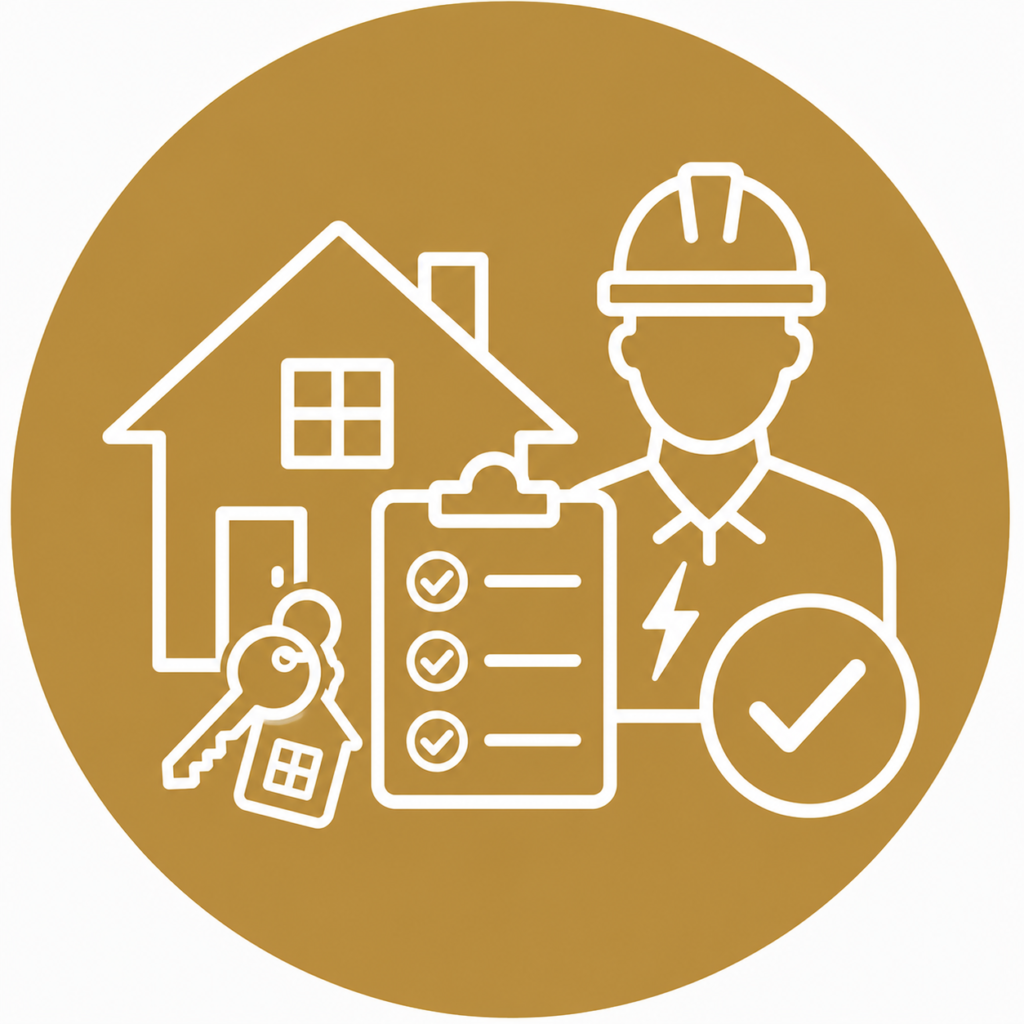 Landlord EICR icon featuring a rental property, house keys, inspection checklist, qualified electrician, and approval checkmark representing landlord electrical safety inspections.