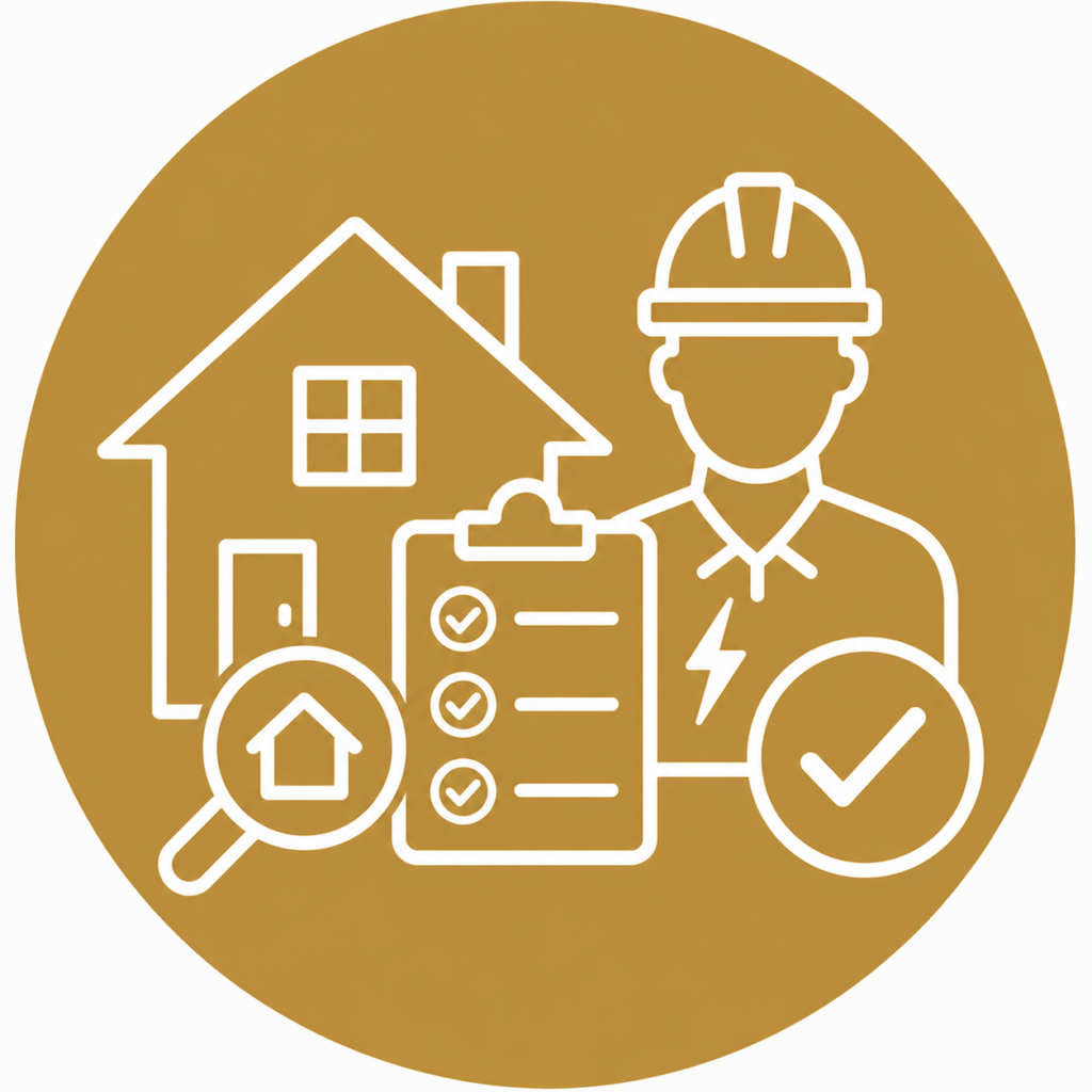 Homebuyer EICR icon featuring a house, inspection checklist, magnifying glass, qualified electrician, and approval checkmark representing electrical safety inspections for homebuyers.