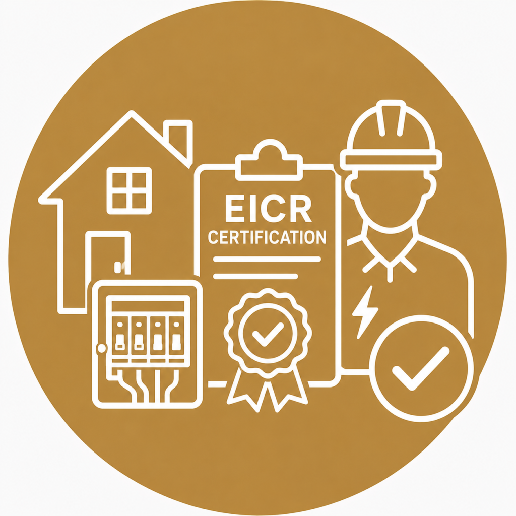 EICR Certification icon featuring an electrical certificate, consumer unit, residential property, qualified electrician, and approval checkmark representing certified electrical inspection reports and compliance.
