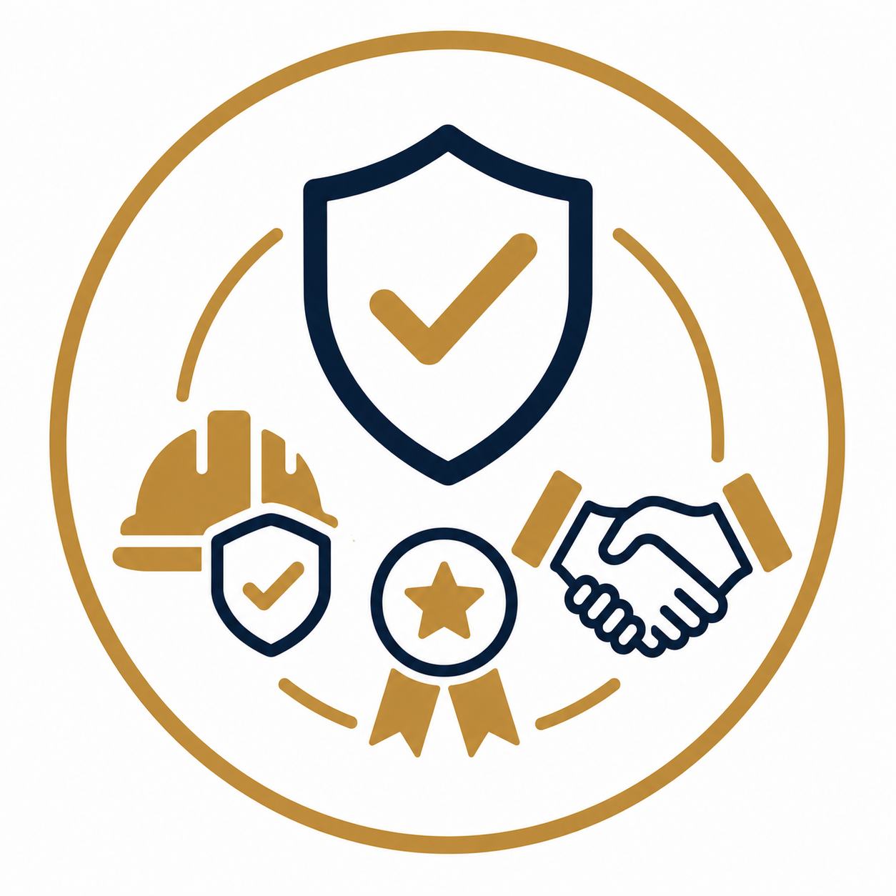 EICR inspection in Manchester icon representing safety, quality, and trust with a protective shield, safety helmet, quality award, and handshake symbolising reliable, professional electrical inspection services.