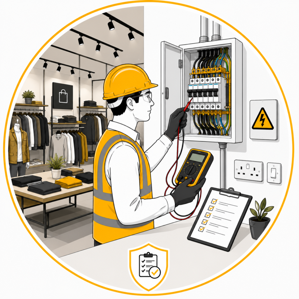 Electrician carrying out a Retail Shop EICR Manchester inspection to assess electrical safety and BS 7671 compliance.