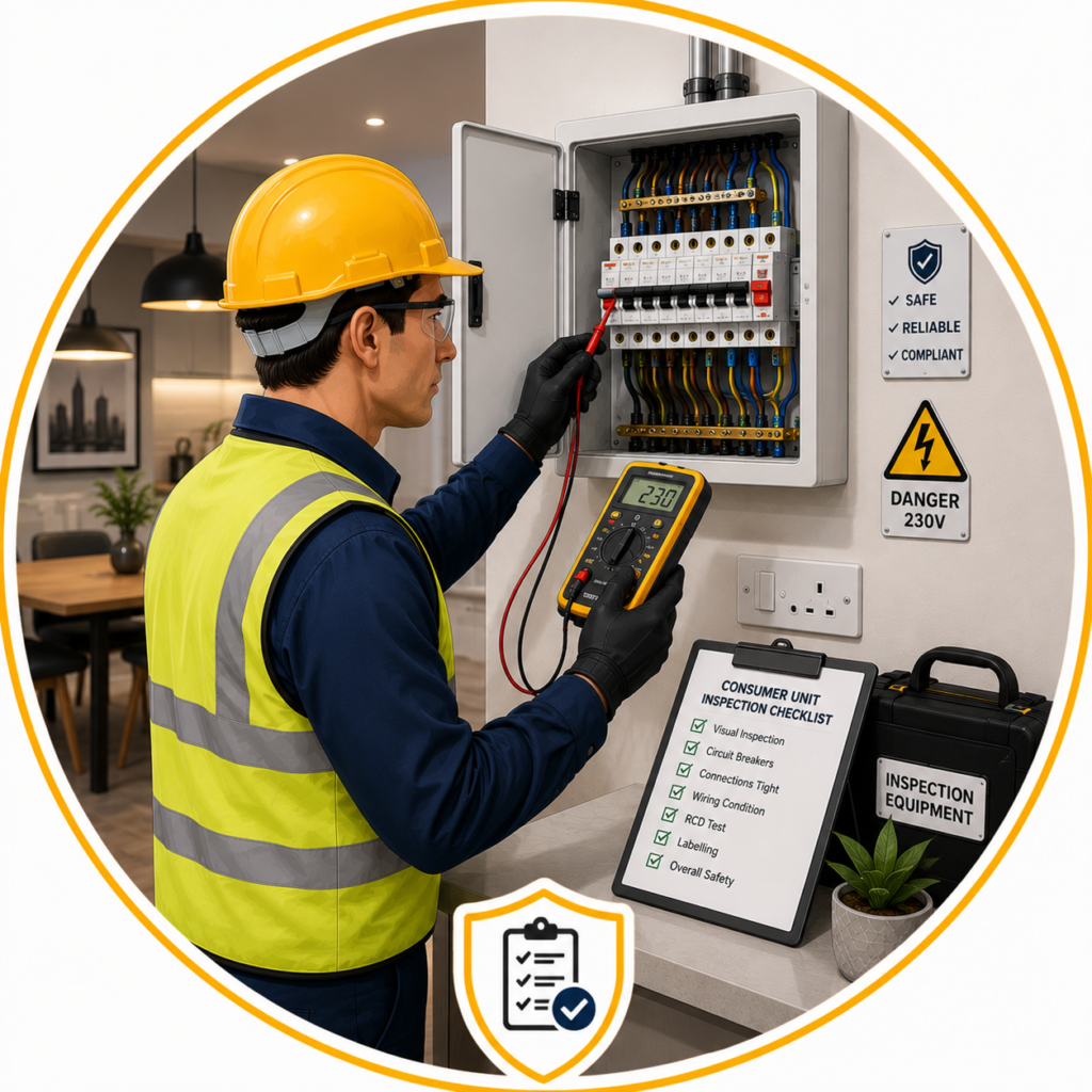 Consumer unit inspection for Hotel EICR Manchester to verify electrical safety and regulatory compliance.