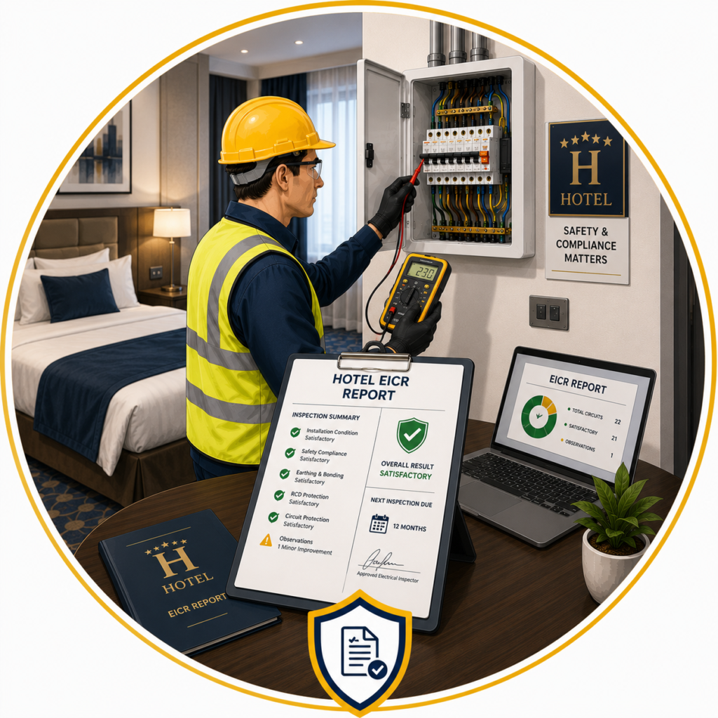 Hotel EICR Manchester report with detailed findings, compliance results, and practical recommendations.