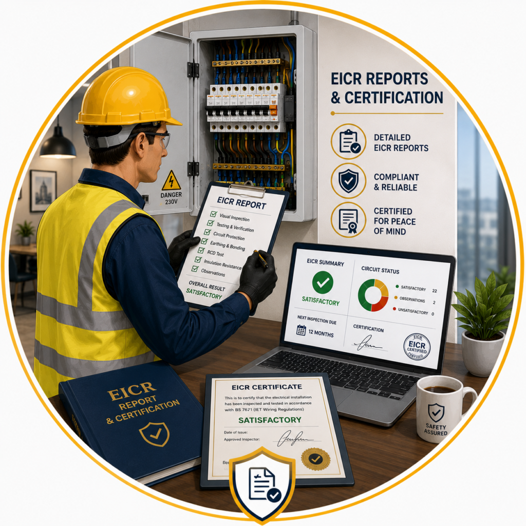 BS 7671 EICR certification confirming a hotel's electrical installation meets current safety standards.