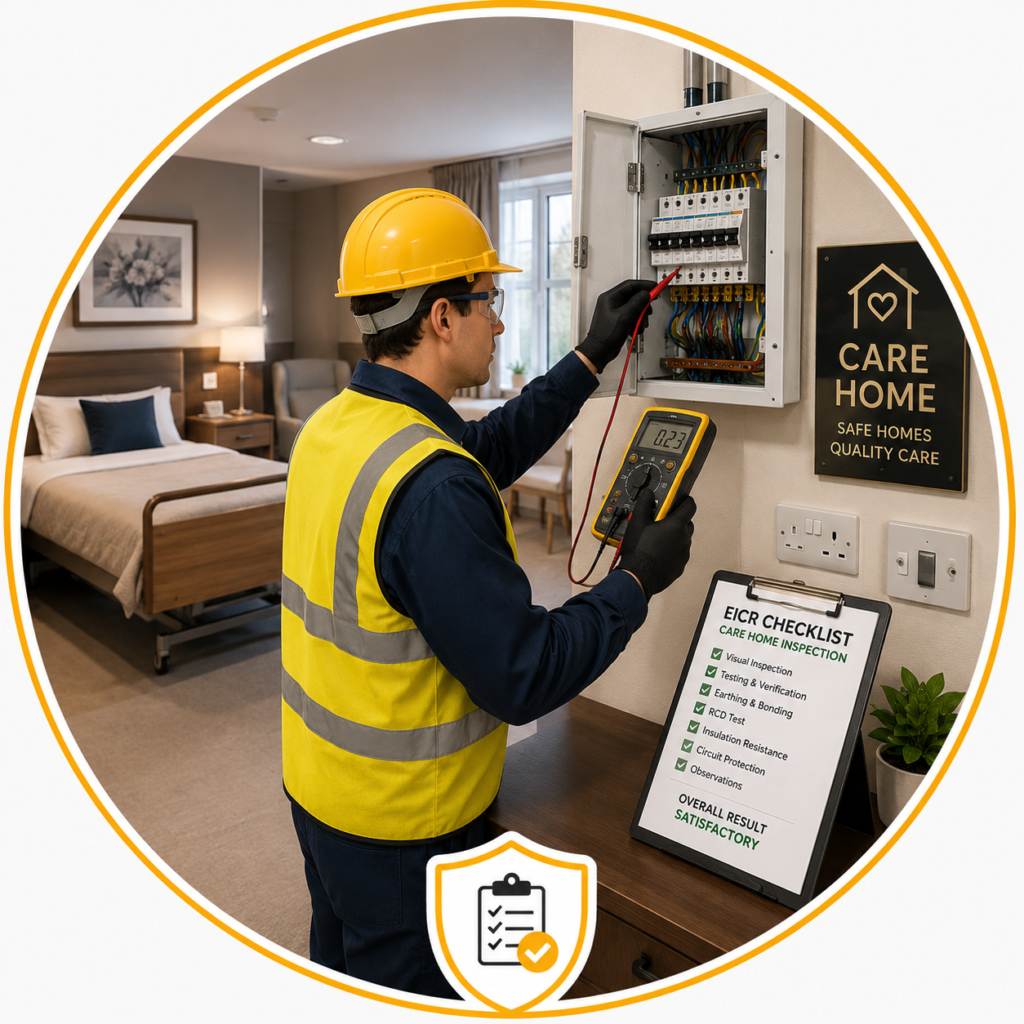 Minimalist circular illustration of a qualified electrician carrying out a trusted Care Home EICR in Manchester by inspecting a consumer unit with a digital multifunction tester and reviewing an EICR inspection checklist, displayed in a modern care home bedroom with a certification shield icon and no text.