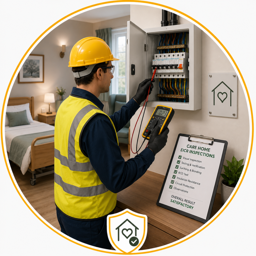 Electrician carrying out a Care Home EICR Manchester inspection to assess electrical safety and compliance.