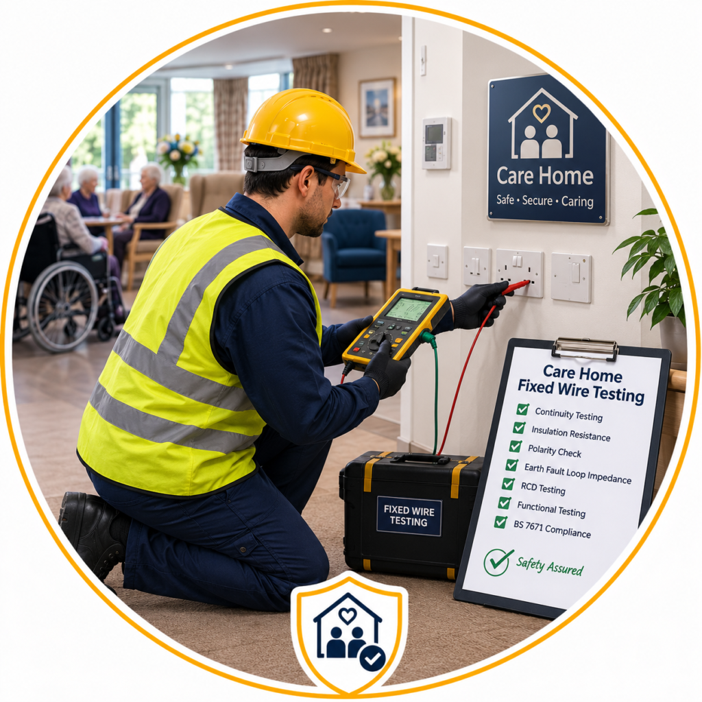 Care Home EICR Manchester fixed wire testing to identify electrical faults and improve safety.
