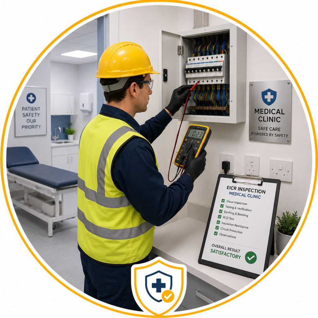 Minimalist circular illustration of a qualified electrician carrying out a trusted Medical Clinic EICR in Manchester by inspecting a consumer unit with a digital multifunction tester and reviewing an EICR inspection checklist, displayed in a modern medical clinic with examination room equipment and a medical safety shield icon with no text.