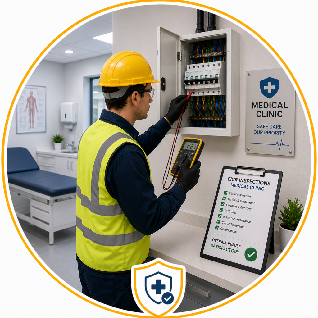 Electrician carrying out a Medical Clinic EICR Manchester inspection to assess electrical safety and compliance.