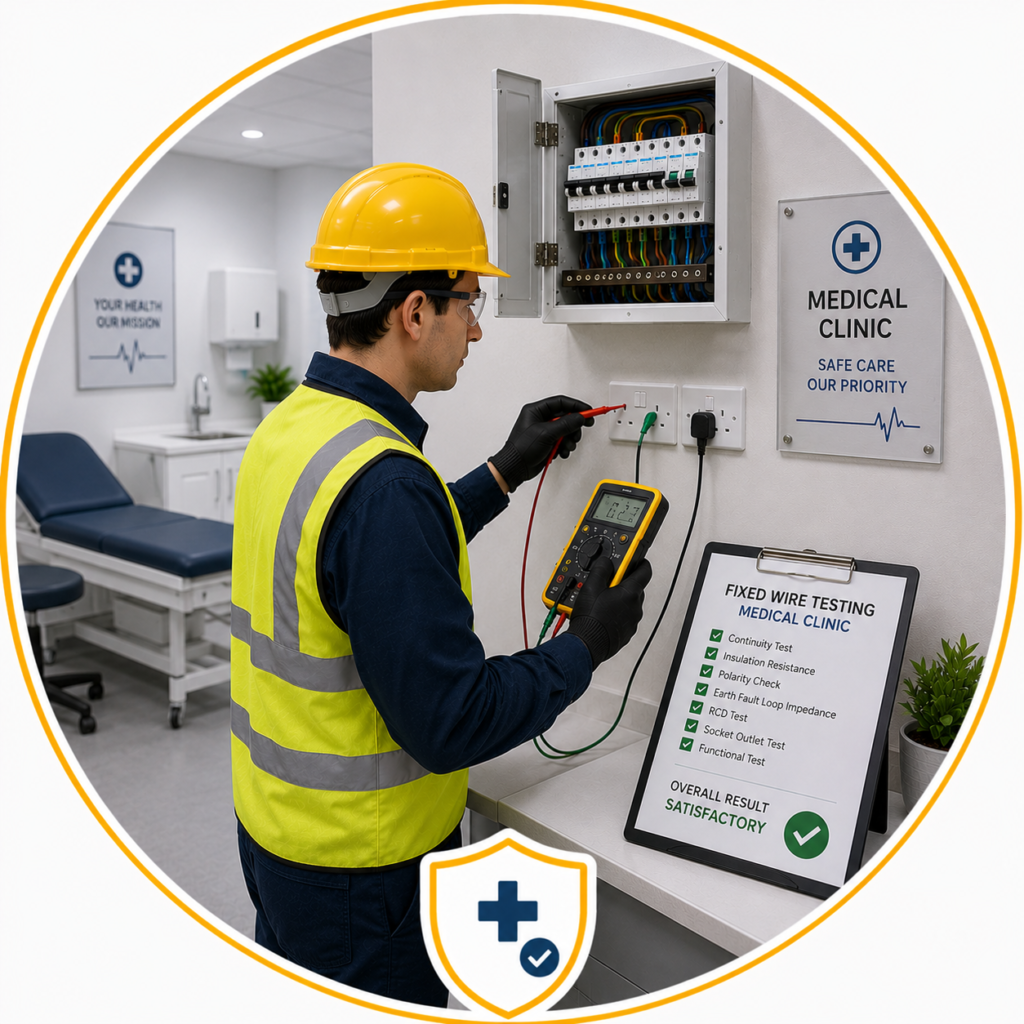 Medical Clinic EICR Manchester fixed wire testing to identify hidden electrical faults.