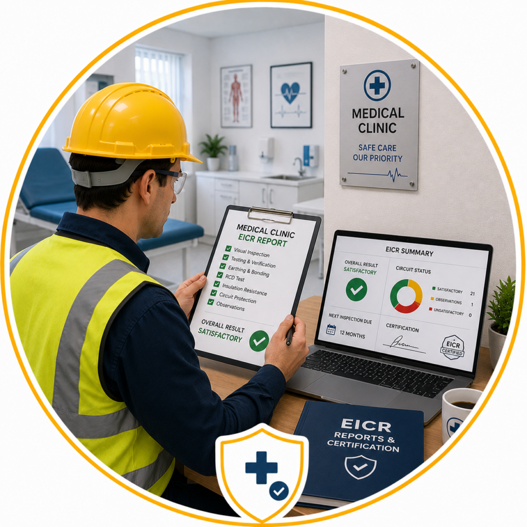 Medical Clinic EICR Manchester report with detailed electrical inspection findings and recommendations.