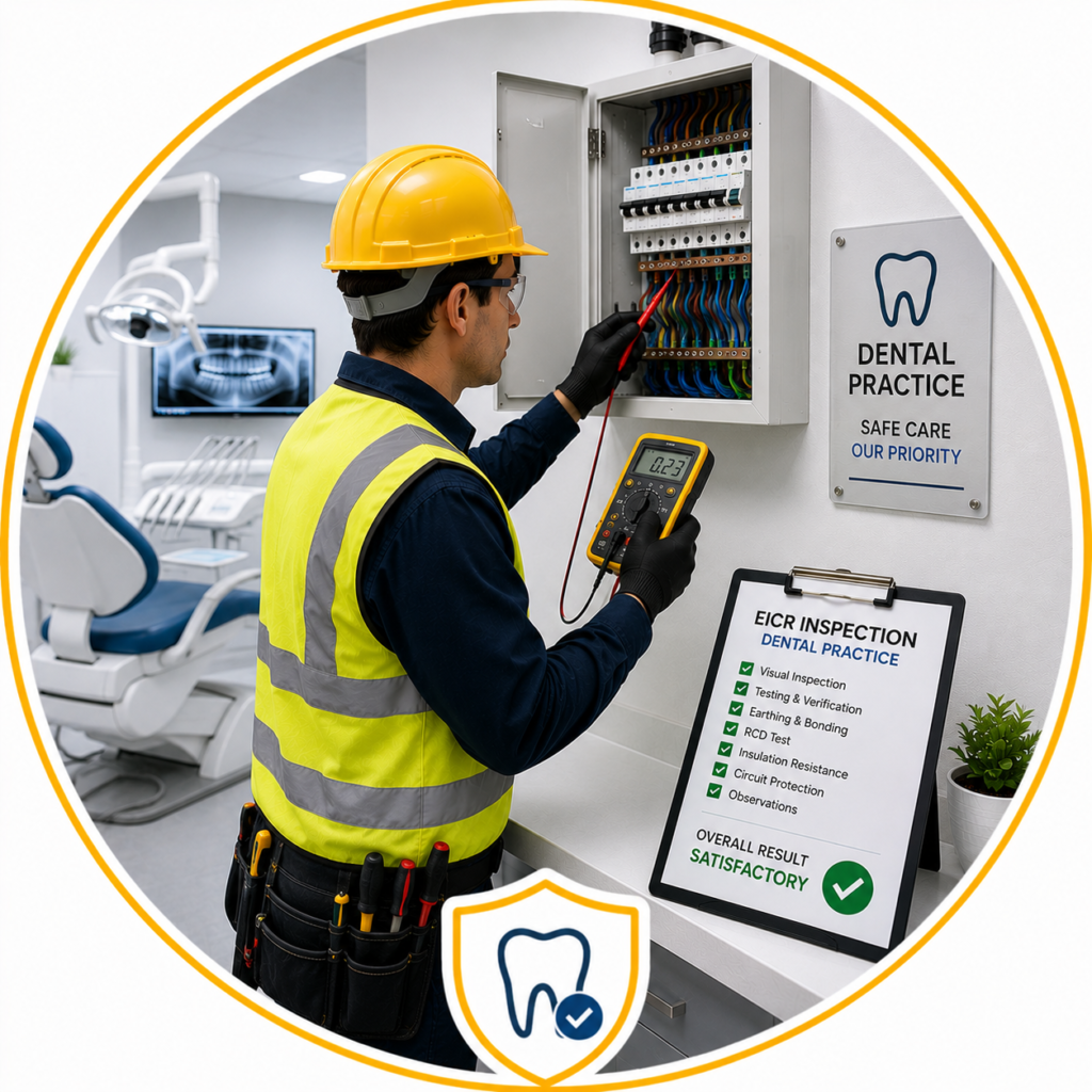 Minimalist circular illustration of a qualified electrician carrying out a trusted Dental Practice EICR in Manchester by inspecting a consumer unit with a digital multifunction tester and reviewing an EICR inspection checklist, displayed in a modern dental clinic with a dental chair, X-ray equipment, and a dental safety shield icon with no text.