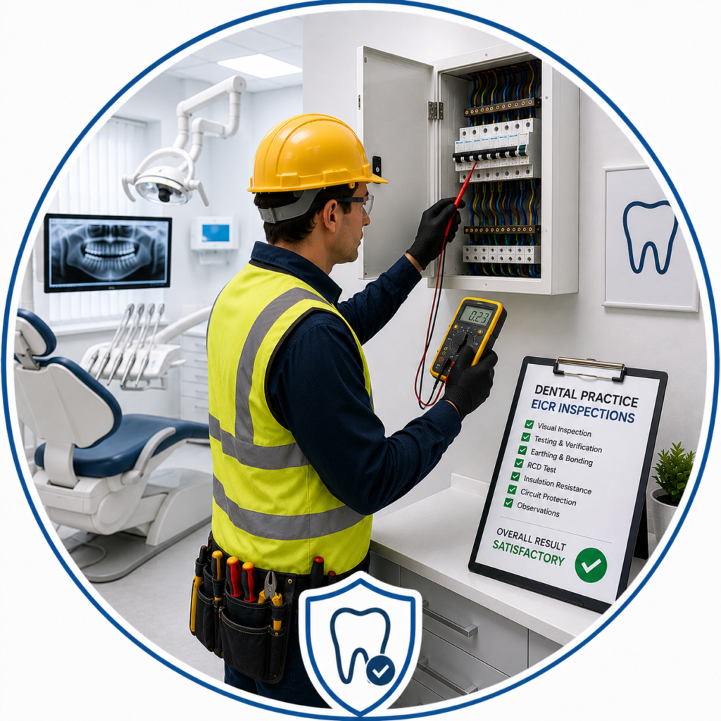 Electrician testing fixed wiring throughout a dental practice to verify safe electrical performance.