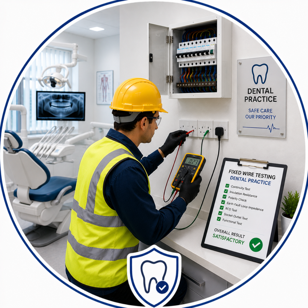 Detailed EICR documentation prepared after inspecting a dental practice's electrical installation.