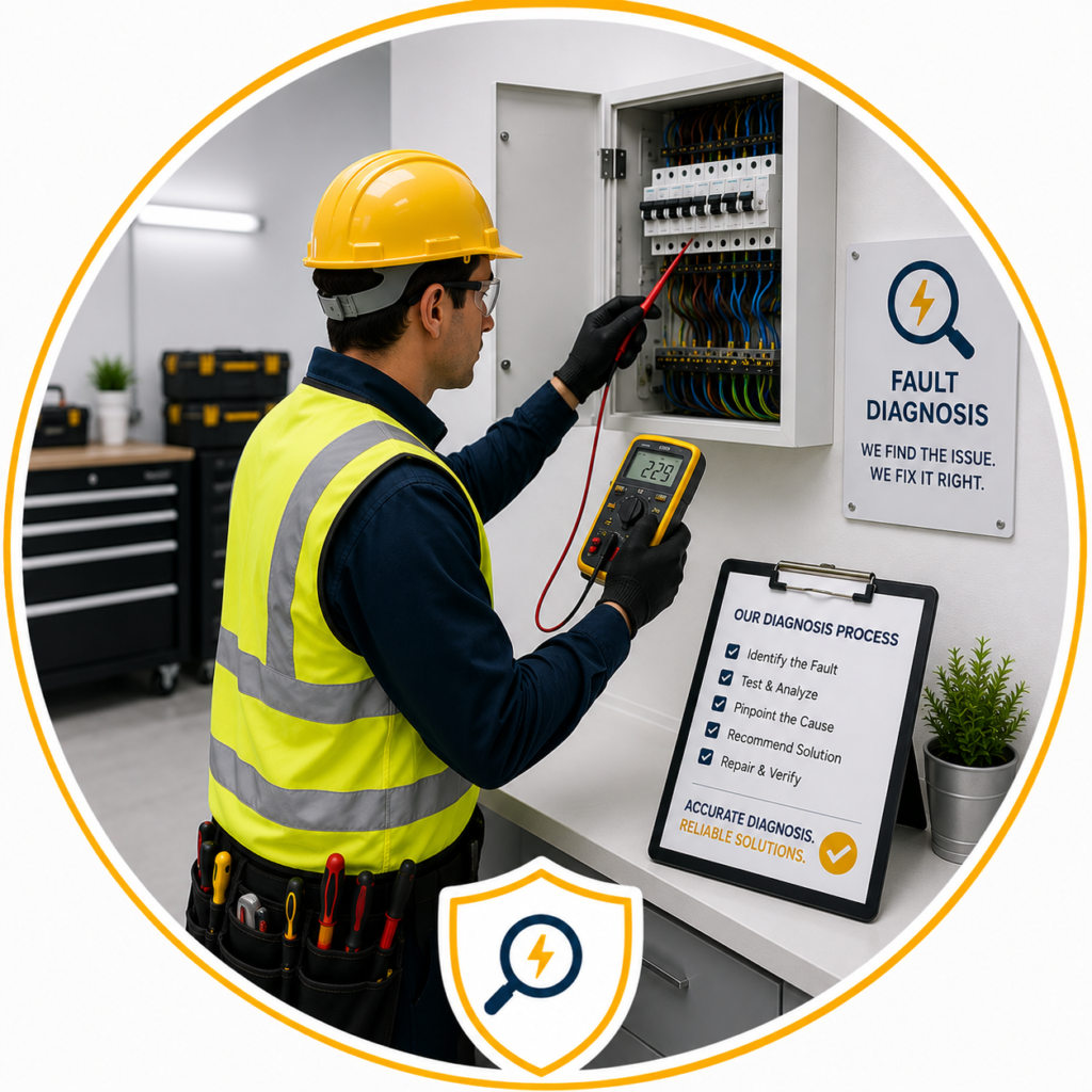 Electrician diagnosing electrical faults causing an unsatisfactory EICR during professional electrical testing.