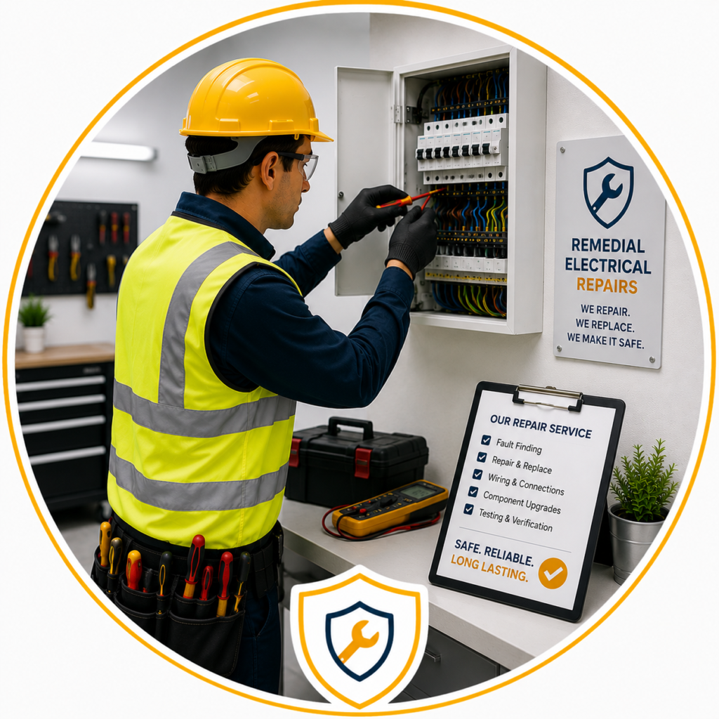Qualified electrician carrying out remedial electrical repairs to resolve EICR defects and improve safety.
