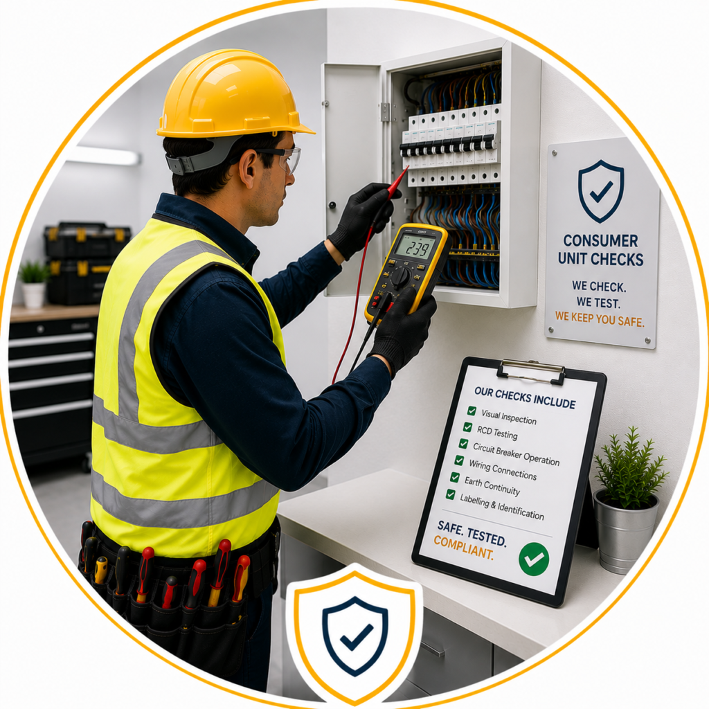 Electrician inspecting a consumer unit to identify faults affecting an unsatisfactory EICR.