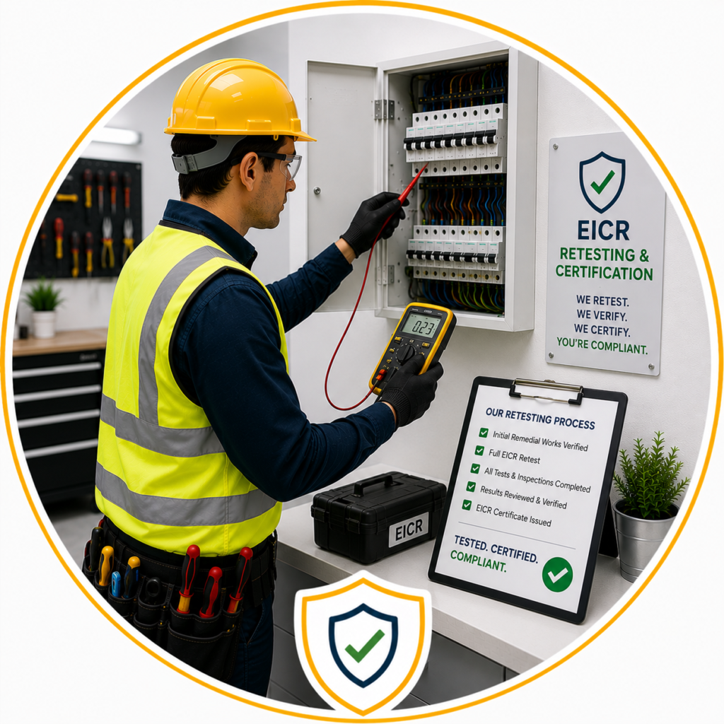 Electrician performing EICR retesting after remedial electrical work to achieve a satisfactory electrical safety certificate.