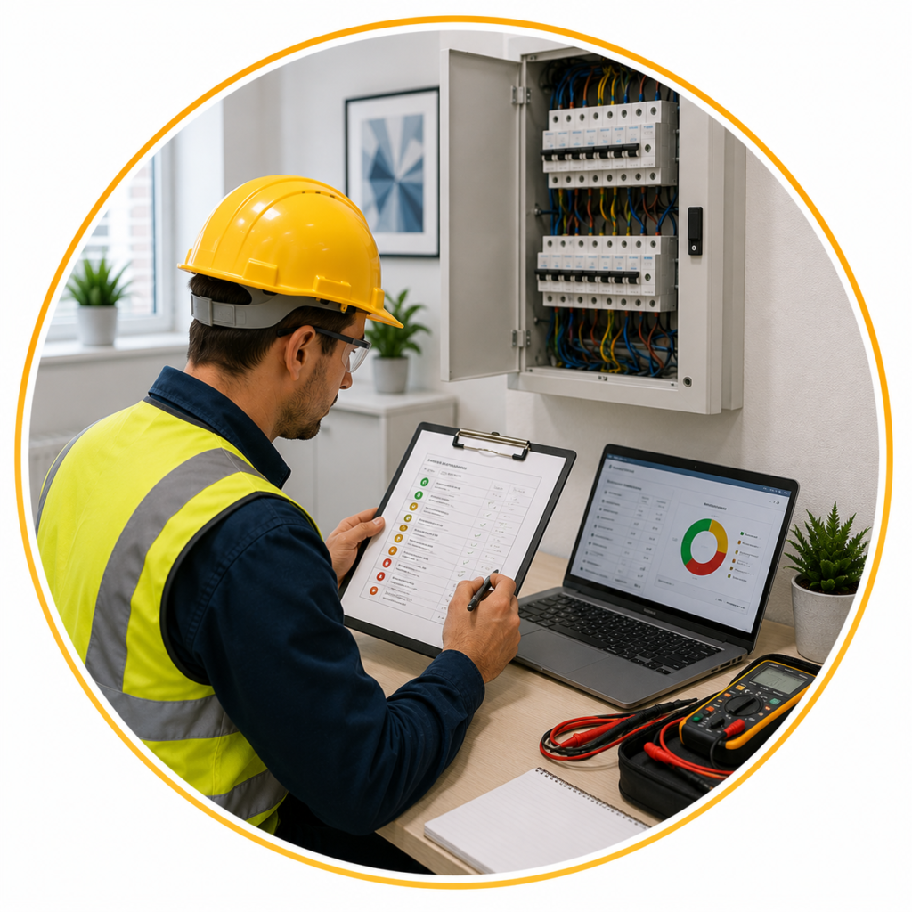 Qualified electrician reviewing an EICR report to identify electrical defects and required remedial work.