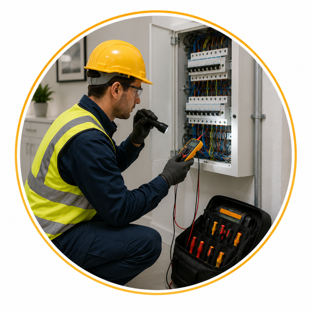 Professional electrician investigating electrical faults to identify safety issues within an electrical installation.