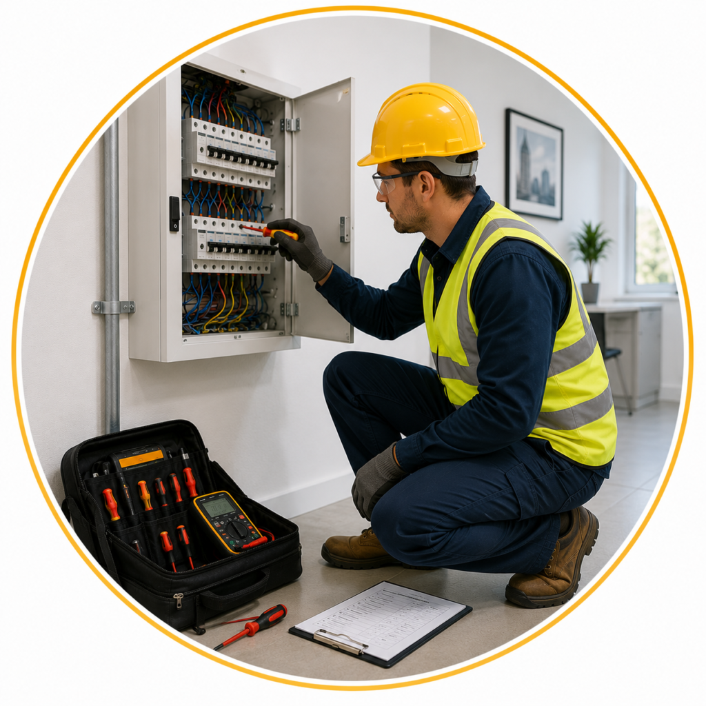 Electrician carrying out remedial electrical repairs to resolve EICR observations and restore compliance.