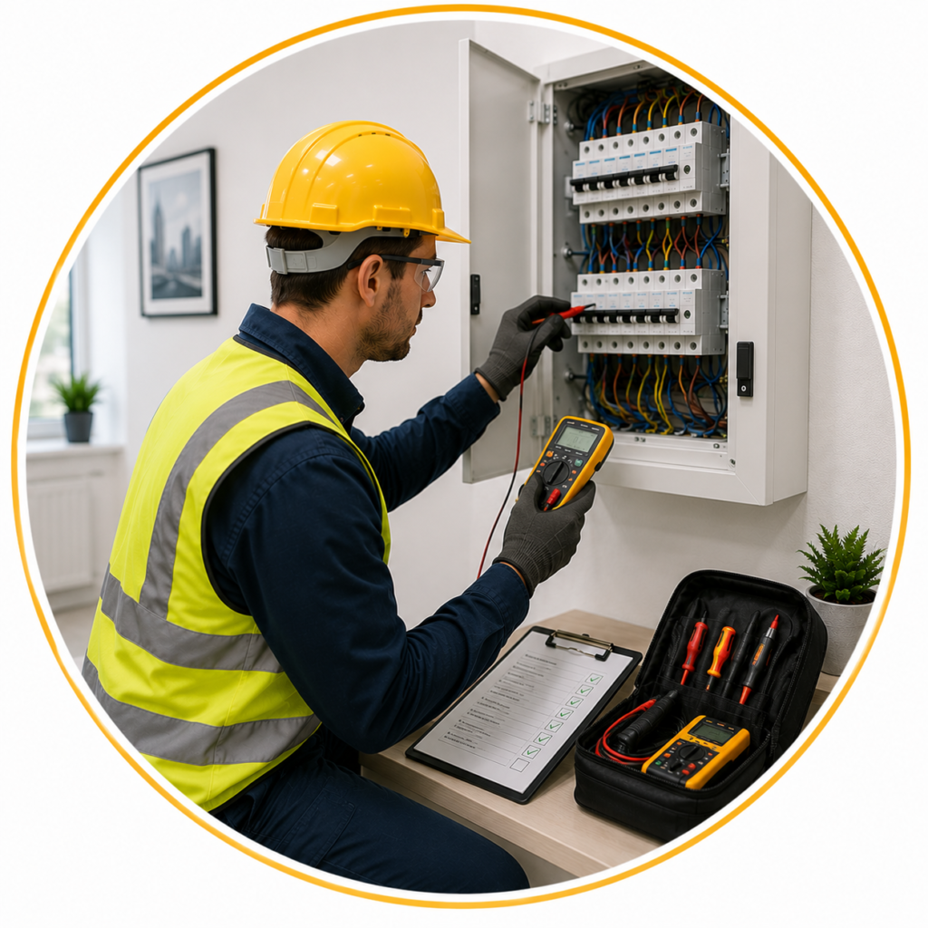 Electrician performing electrical testing and verification after remedial work to confirm installation safety.