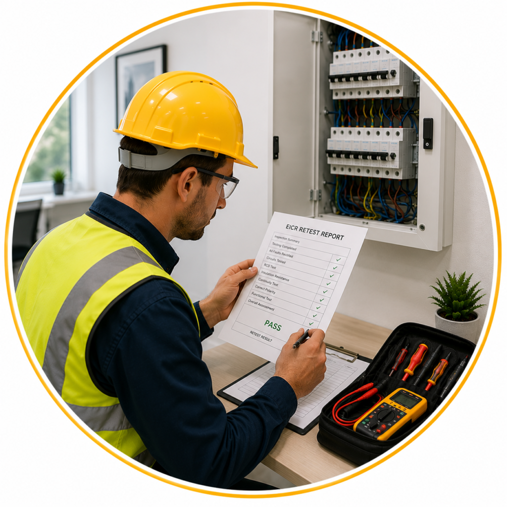 Qualified electrician issuing electrical certification and providing expert advice after successful testing and inspection.