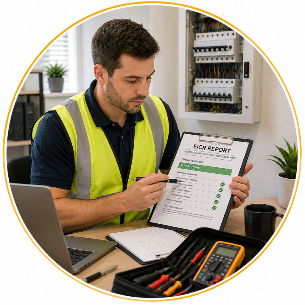 Electrician reviewing an EICR report and explaining C1, C2 and FI observations before remedial work.
