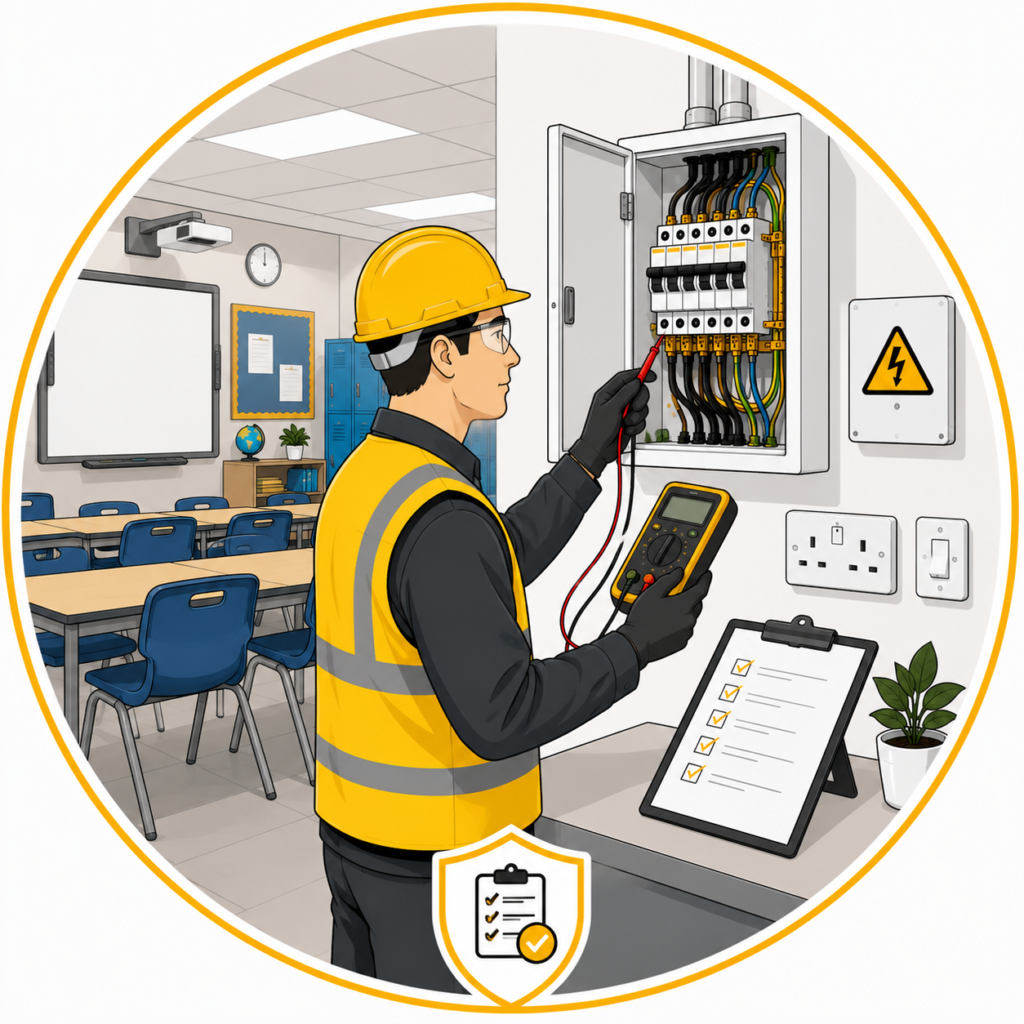 Minimalist vector illustration of a qualified electrician carrying out a Professional School EICR in Manchester by testing a school consumer unit with a digital multifunction tester and inspection checklist, displayed in a circular gold-bordered design with a modern classroom, desks, whiteboard, lockers, and a certification shield icon with no text.