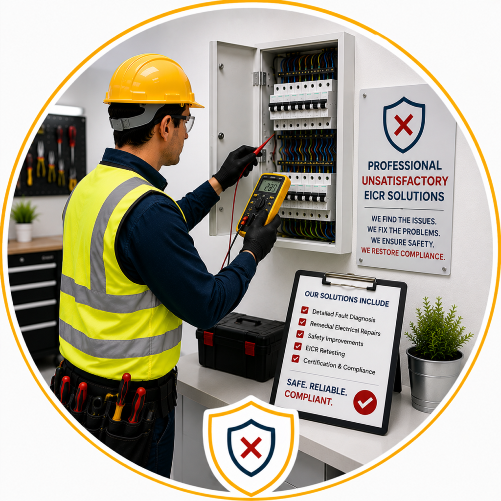Professional electrician diagnosing and repairing an Unsatisfactory EICR Manchester by testing a consumer unit with a digital multifunction tester, shown in a modern circular gold-bordered illustration with electrical safety signage, a remedial work checklist, and a compliance shield icon, with no text overlay.