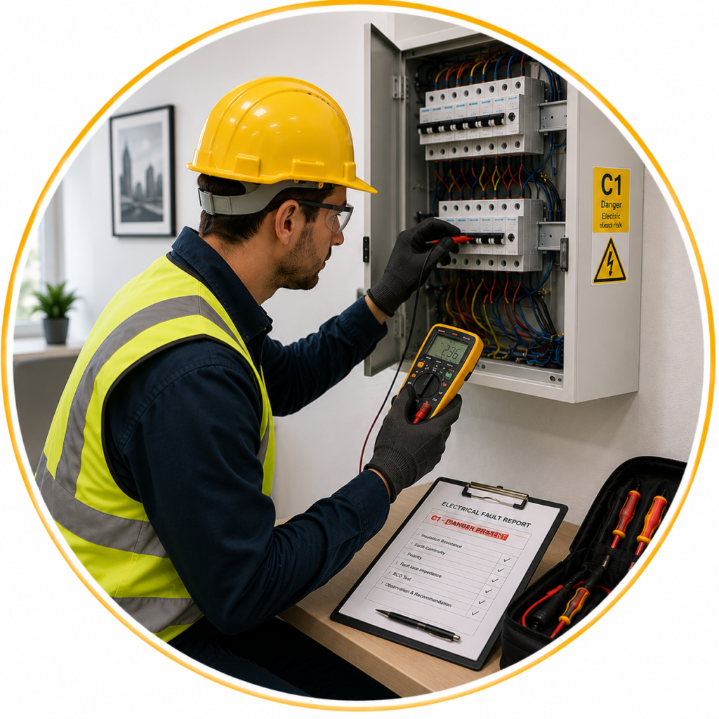Professional C1 electrical faults Manchester inspection with an electrician diagnosing a dangerous C1 electrical fault at a consumer unit using specialist testing equipment.