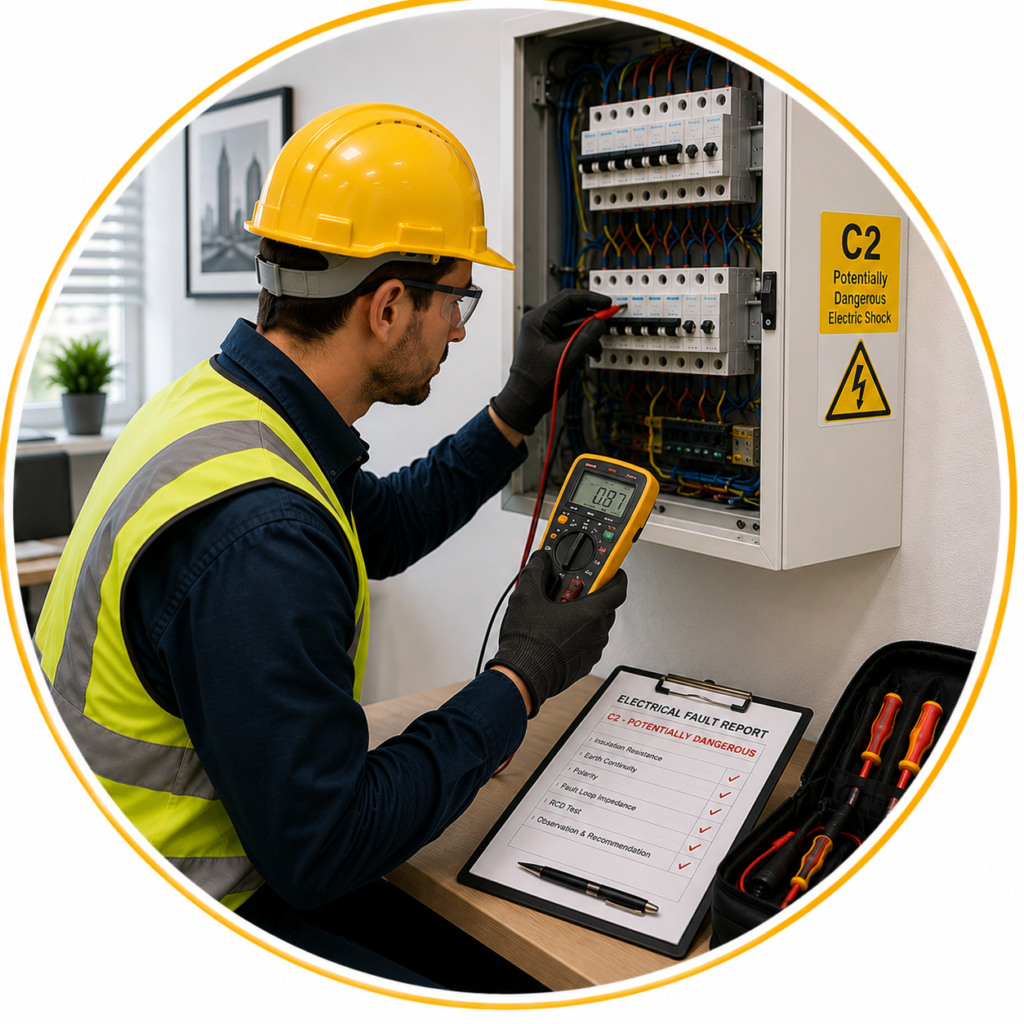 Professional C2 electrical faults Manchester inspection with an electrician testing a potentially dangerous C2 electrical fault in a consumer unit using specialist diagnostic equipment.
