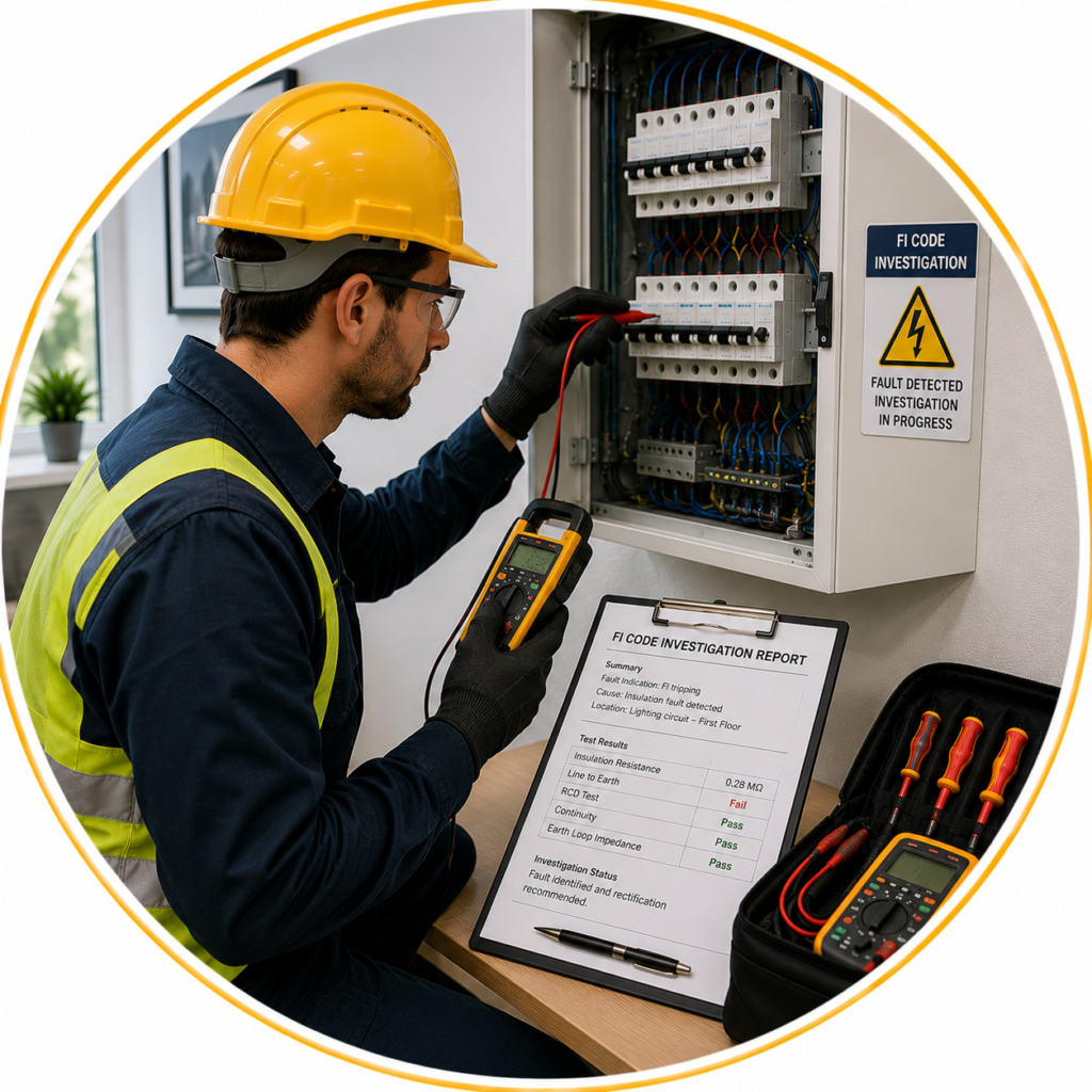 Professional FI Code Investigation Manchester with an electrician diagnosing an FI code electrical fault using specialist testing equipment and inspecting a consumer unit.